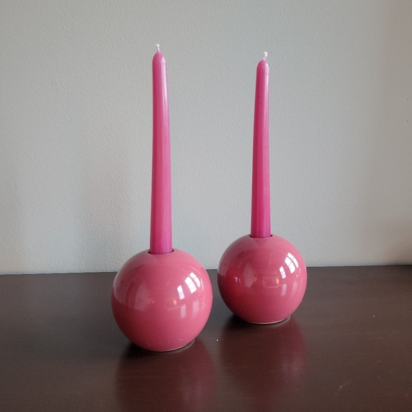 Vintage Other - Vintage Ceramic Rose Colored Round Ball Candlestick Holders 3", Set of 2